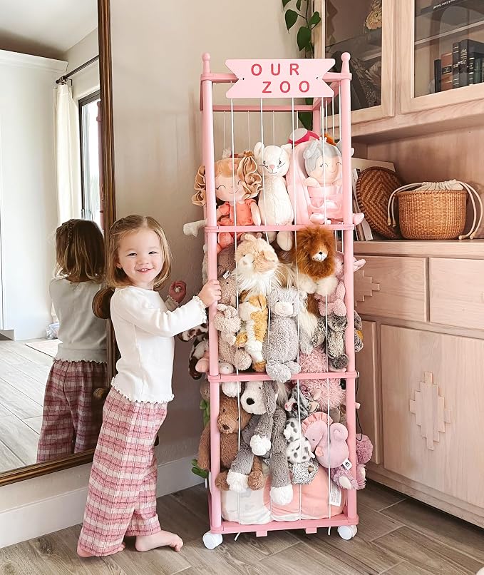 Mloong Stuffed Animal Zoo Storage, Pink Wood Stuffed Animal, Gift for Nursery Playroom Kidroom Bedroom (54inch)