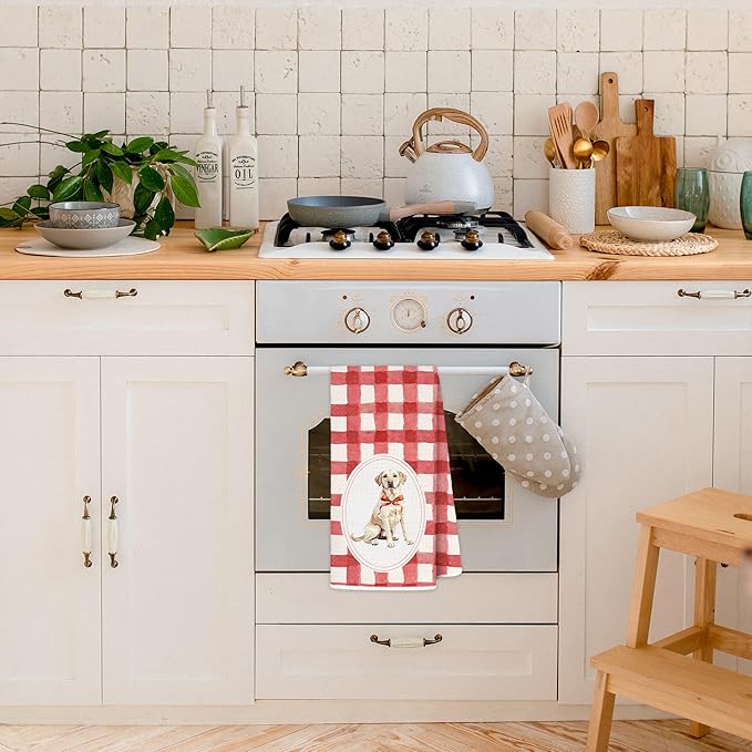 Red Plaid Labrador Retriever Kitchen Towels 16x24 Inch, Labrador Retriever Lovers Gifts Decorative Hand Towels for Bathroom, Red Checkered Dog Dish Tea Towel Drying Cloth