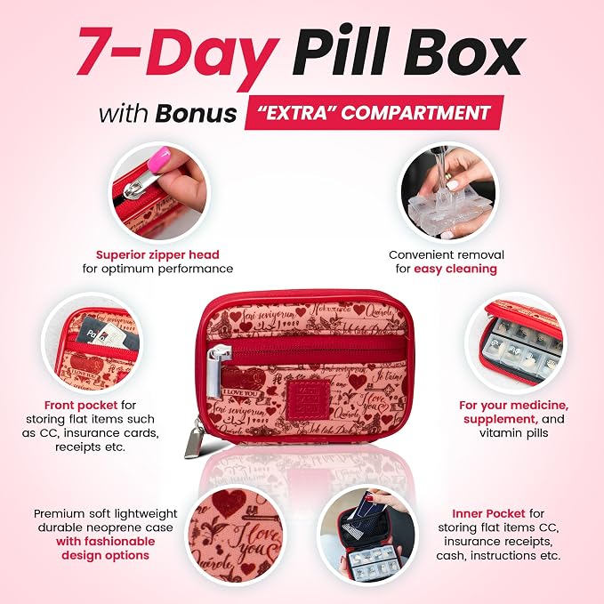 Made Easy Kit Pill Case for Everyday and Travel - 7-Day Weekly Medicine Supplement Vitamin Organizer Sorter Tracker - Neoprene Bag with Pockets - Compact Portable 8 Compartments (Red Love Language)