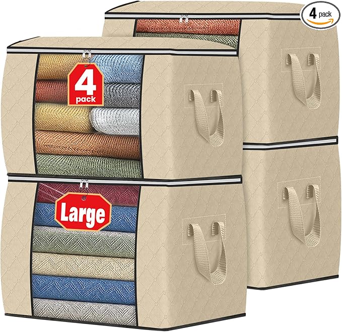 90L Clothes Storage, Foldable Thick Fabric Blanket Storage Bags | Foldable Containers with Zippers,Window and Handles for Organizing Bedroom, Closet, Comforter, Bedding,Dorm essentials