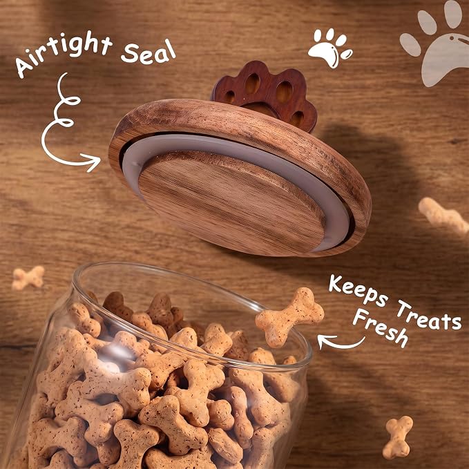3 Pcs Glass Dog Treat Container, Cookie Jar with Wooden Lid, Paw | 3 Sizes, Airtight Pet Treat Storage Container, for Kitchen Counter, Treats Canister, Doggie Cookie, Pets