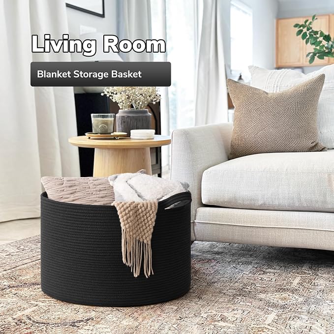 Goodpick Large Woven Dirty Clothes Basket for Nursery & Living Room, 65L | 19.7 x 19.7 x 12.6 In Storage Basket for Nursery, Blanket Basket for Towels Clothes,,Black