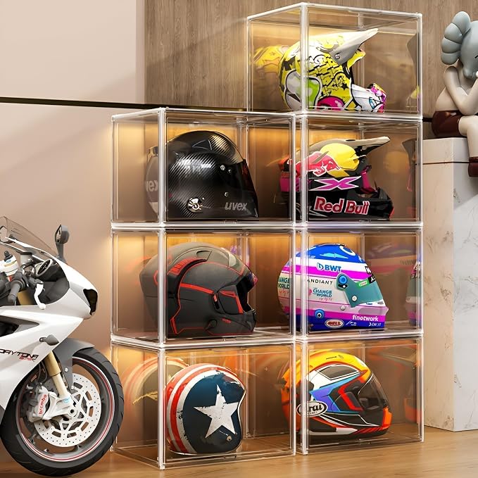 GUDEMAY Large Clear Stackable Plastic Storage Bins with Door, Dustproof Figures Collectibles Display Case, Football & Motorcycle Helmet Showcase, Basketball, Memorabilia Organizer Box (XL, Count, 1)