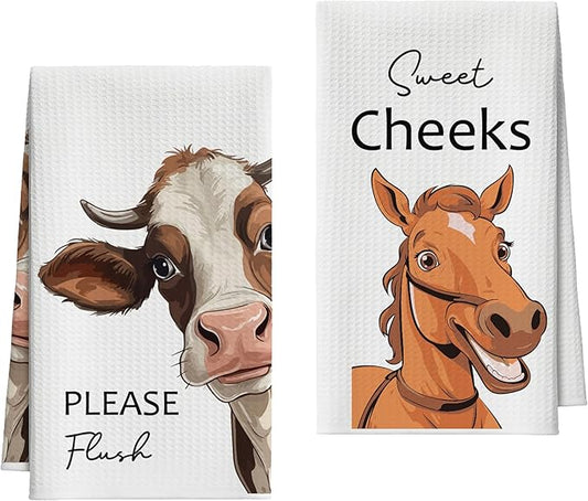 Kitchen Towels Set of 2, Farm Animal Dish Towel for Kitchen, Cow Horse Bathroom Decorative Hand Towels, Fast Drying Tea Towel with Slogans, Housewarming Gifts for Women Mom -B24