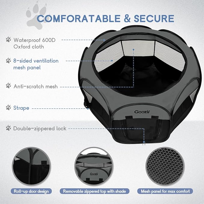 Goozii Portable Dog Playpen for Medium Dogs, Collapsible Pet Cat Kitten Puppy Playpen Indoors Outdoors with Zipper Top Cover (Medium Size, Grey-Black)