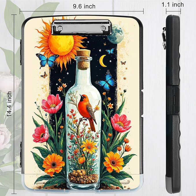 A4 Clipboard with Storage Pen Holder, Clipboards Organizer Nursing Clipboard Foldable File Folder Plastic Clipboard Folio Clip Board for Office Work Classroom Doctor, Drift Bottle Flowers