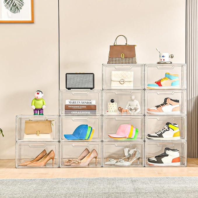 Clemate 5 Pack Clear Stackable Shoe Organizer Box with Lids, Acrylic Shoes Box with Magnetic Doors, Transparent Shoe Bins Closet Organizer, Fit up to US Size16, Containers for household or kitchen use
