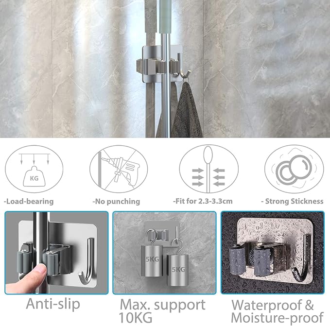 homeasy Mop Broom Holder No Drill, Mop Broom Organizer Wall Mounted Heavy Duty with Hooks Hanger, Self Adhesive Stainless Steel 4Pcs for Bathroom, Kitchen, Office (Silver)