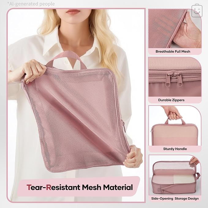 Veken 6/9/11 Set Compression Packing Cubes Garment Bags for Travel Essentials,Compressible Expandable Luggage Organizer Bags for Clothing,Space Saver Bags with Over 1000 pcs of Mesh Holes(Light Coral)
