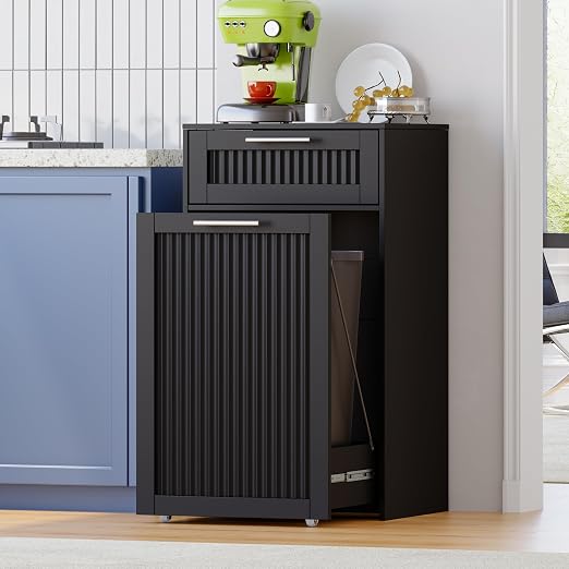 Single 13 Gallon Pull Out Trash Can Cabinet with Drawer, Garbage Cabinet | Pet Proof Hidden Trash Storage, Fluted Farmhouse Design, Space-Saving Kitchen Organizer, Dining Room Storage,Black
