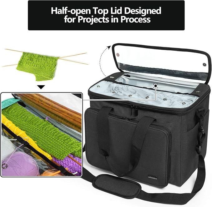 Teamoy Knitting Bag, Yarn Storage Organizer Crochet Bag Tote, Black | Yarn Holder with Inner Divider(Sewn to Bottom) for Crochet Hook, Knitting Needles(Up to 14"), Project and Crocheting Supplies