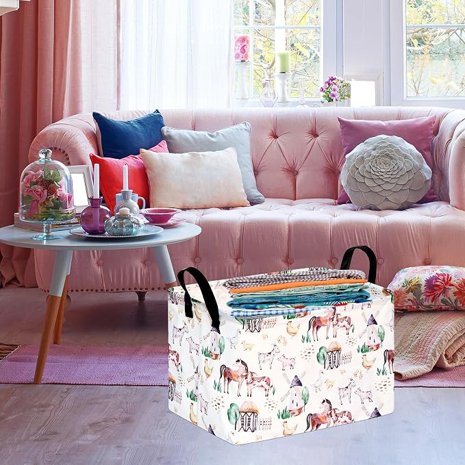 Storage Basket Home Shelf Basket Organizer Box Clothes Laundry Hamper Nursery Bin Gift Laundry Basket with Handles Rectangle Farm Pattern for Home