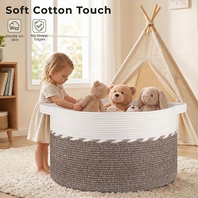 OIAHOMY 90L Extra Large Blanket Basket - Decorative Cotton Rope Storage Basket for Bedroom, Living Room & Nursery - Woven Laundry Hamper for Organizing Blankets, Clothes & Toys - Brown & White
