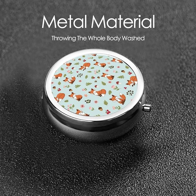 Travel Pill Organizer, Small Round Case with Mirror, Portable Pill Box for Fish Oil Vitamins, Pocket Purse Carry for Commuters, Floral Flowers Mushroom Foxes