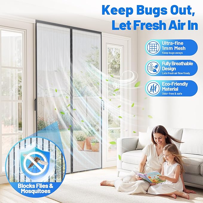 Heavy Duty Magnetic Screen Door Mesh, Door Net Screen with 50 Magnets | Pet & Kid Friendly, Auto-Sealing PET Fine Mesh Doors Screen Keep Bugs Out Fits Front Doors Size 32"x78" - Screen Size 34"x80"