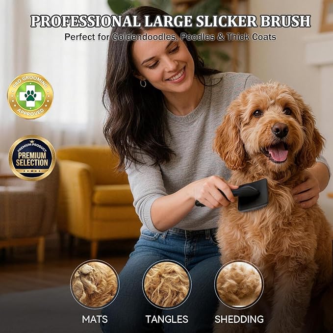 Large Slicker Brush for Dogs, 4-in-1 Extra Long Pins Dematting Dog Brush Grooming with Doodles Goldendoodles & Poodles, Deshedding Brush Set Cleaning Tool for Thick Double Coats,Black