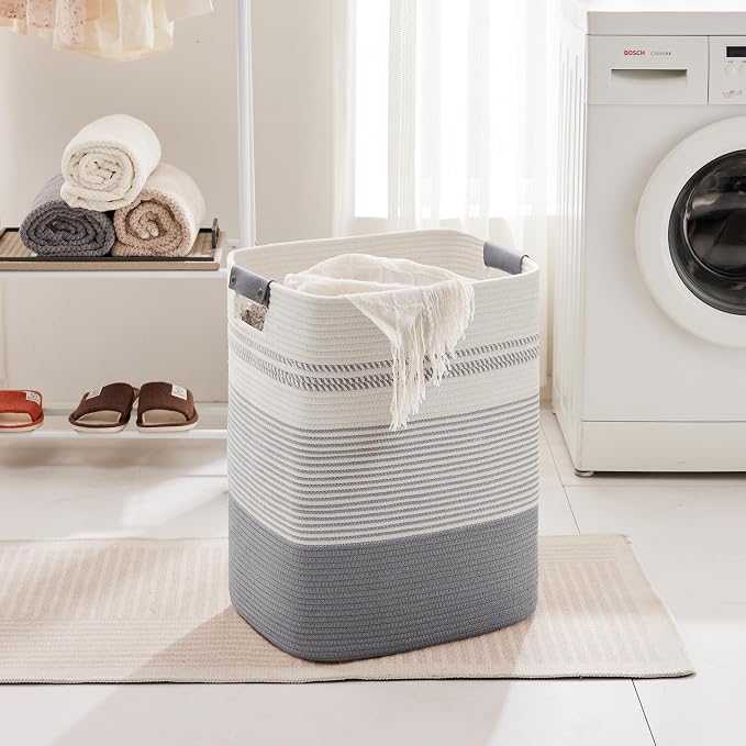 85L Tall Woven Laundry Basket Hamper with Leather Handles,Grey | collapsible wicker hamper, storage for dirty clothes, toys, blankets, gifts, living room, bedroom, bathroom, 17"x14"x22"