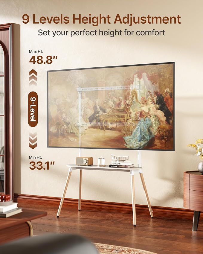 4-Leg Easel TV Stand for 49-86" TVs, 110 lbs, White | Height-adjustable floor TV stand, storage shelf, cable management and protective pads for living room, office or school