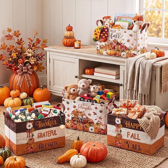 4 Pcs Fall Storage Basket for Gifts Empty Large Pumpkin Storage Bins with Handles 15 x 10 x 8 Fabric Laundry Baskets Autumn Harvest Collapsible Organizer Boxes for Thanksgiving Home Cloth Toys