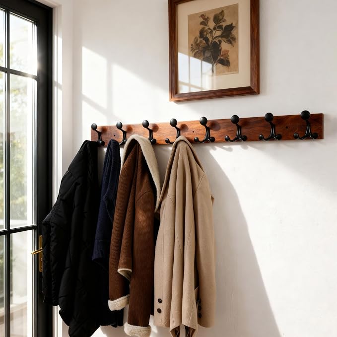 SKOLOO 43-Inch Wood Coat Rack Wall Mount with 8 Triple Hooks - Ideal for Family Entrances, Classrooms, and Pet Supplies Storage - Perfect Coat Hooks for Wall,Mahogany (Sapele), Pack of 2