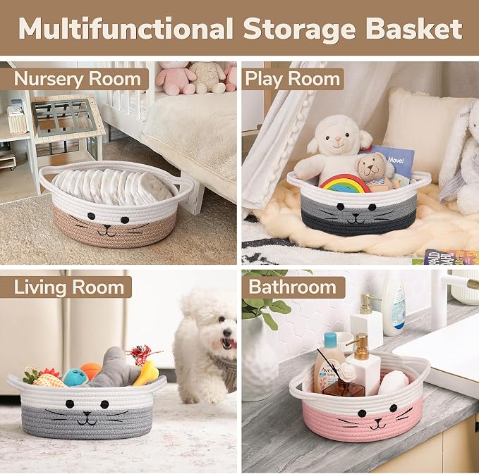 Small Woven Rope Cat Toy Basket with Cat Face Design, White Brown | 9.8" x 4" Cute Cat Basket for Living Room, Decorative Baby Storage Basket, Pet Gift Basket Empty with Sturdy Handles