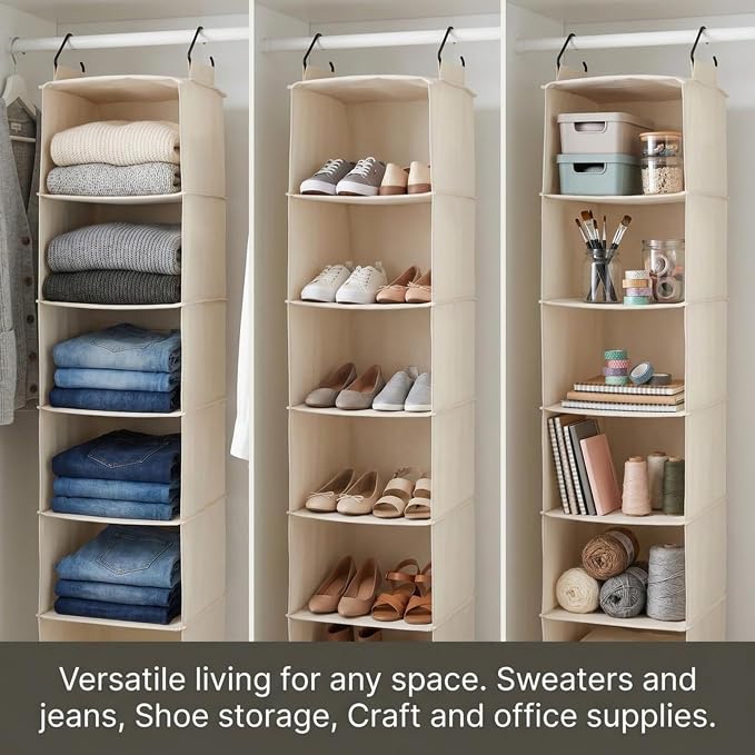 Household Essentials Cedarline 6‑Shelf Hanging Closet Organizer in Heavy‑Duty Cotton Canvas, Cream