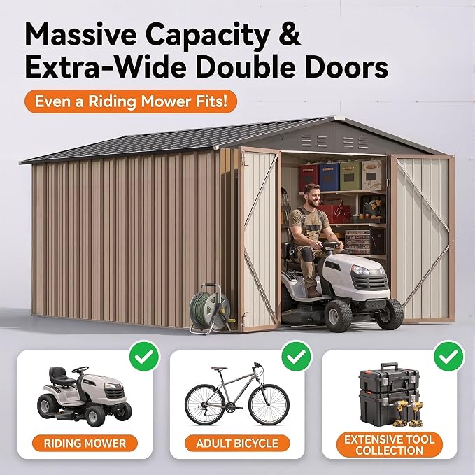 Devoko 8x10 FT Outdoor Storage Shed, Metal Tool Shed with Lockable Door&Slooping Roof, Outside Storage for Garden Backyard Patio(Brown)