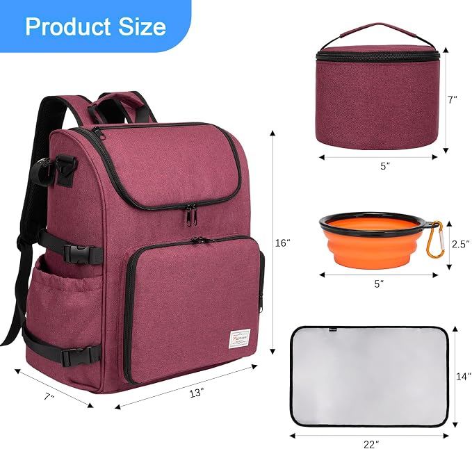 Modoker Multi-Compartment Dog Travel Backpack for Pet Supplies, Rose Red | Dog Travel Accessories Organizer with 2 Food Bags, 2 Bowls, Quick-Access Pockets, Tissue Opening, Luggage Sleeve, Feeding Mat