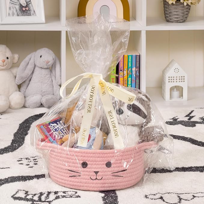 Small Woven Rope Cat Toy Basket with Cat Face Design, Pink | 9.8" x 4" Cute Toy Storage Bin for Girls' Living Room & Nursery, Baby Gift Baskets Empty with Sturdy Handles