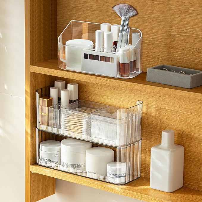2 Pack Stackable Makeup Organizer Tray, Transparent Cosmetic Display Case with 2 Lipstick Cases and 2 Cotton Swab Pad Boxes, Medicine Cabinet Shelves Organizer