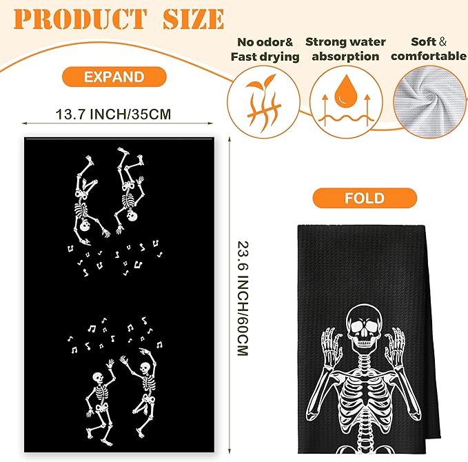 Kitchen Towels Set of 2, Rock and Roll Skeleton Dish Towel for Bathroom Kitchen, Skull Decorative Hand Towels, Gothic Fast Drying Tea Towel, Housewarming for Women Mom -02