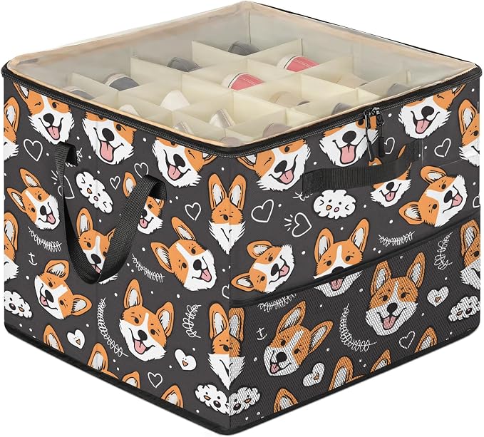 TropicalLife Corgi Puppy Dogs Shoe Organizer for Closet | Foldable Shoe Storage Box Bin 16-32 Pair Shoe Storage for Sneakers, Boots & Heels with Adjustable Dividers, Clear Cover