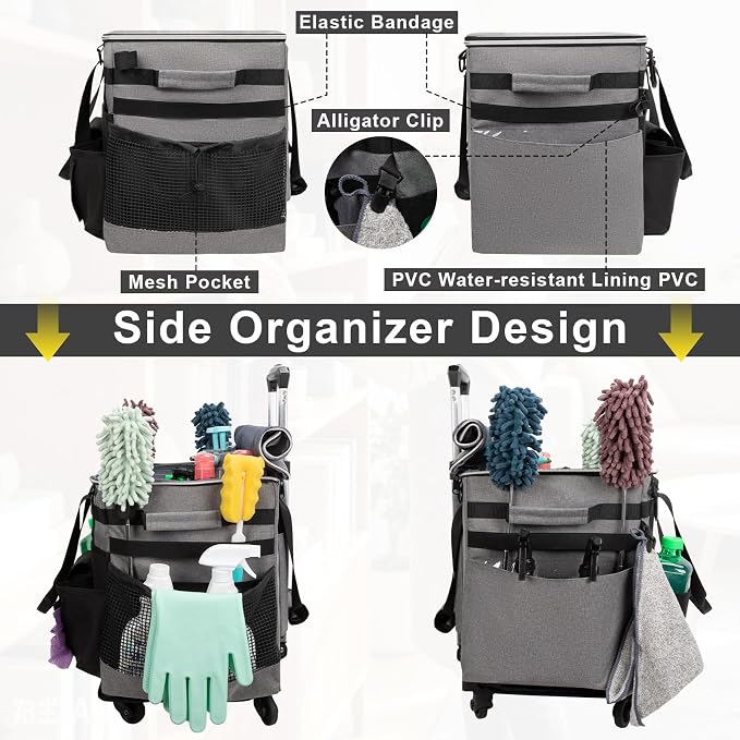 Large Rolling Cleaning Caddy with Wheels, Cleaning Supplies Organizer | With Detachable Trolley, Water-resistant Cleaner Cart for Housekeepers, Multi Pocket Cleaning Cart with Strap, Gray