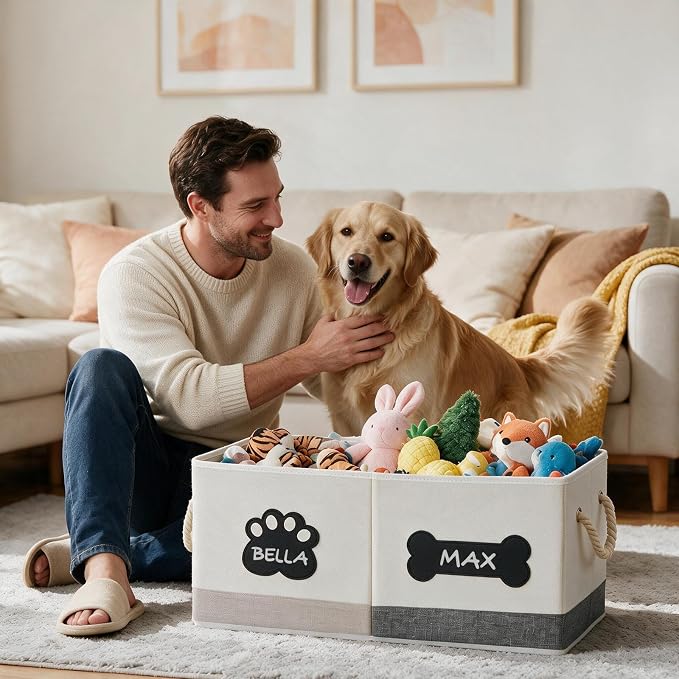 Dog Toy Basket Foldable Pet Toy Box Storage Bin with Lid, 21.7×9.8×9.8" | 34L Collapsible Box,Fabric Dog Storage Box with Handle,Name Label and Fexible Divider, Organizer for Living Room, Beige