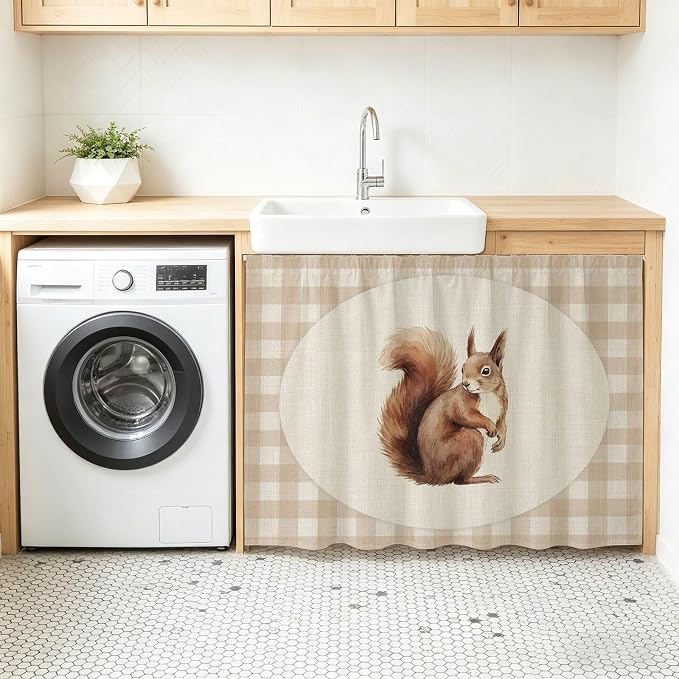 Squirrel Plaid Oven Skirt Curtain for Kitchen Decor 28"x35", Rustic Farmhouse Checkered Retro Animal Self Adhesive Stove Curtains Skirt Cabinet Curtains for Bathroom Laundry Room
