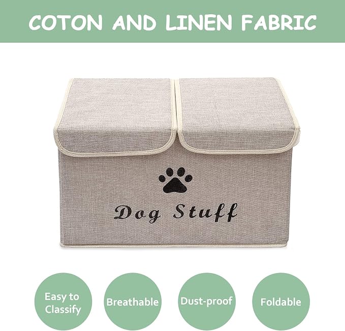 Large Storage Boxes - Large Linen Fabric Foldable Storage Cubes Bin Box Containers with Lid and Handles for Dog Apparel & Accessories, Dog Clothing(Beige)