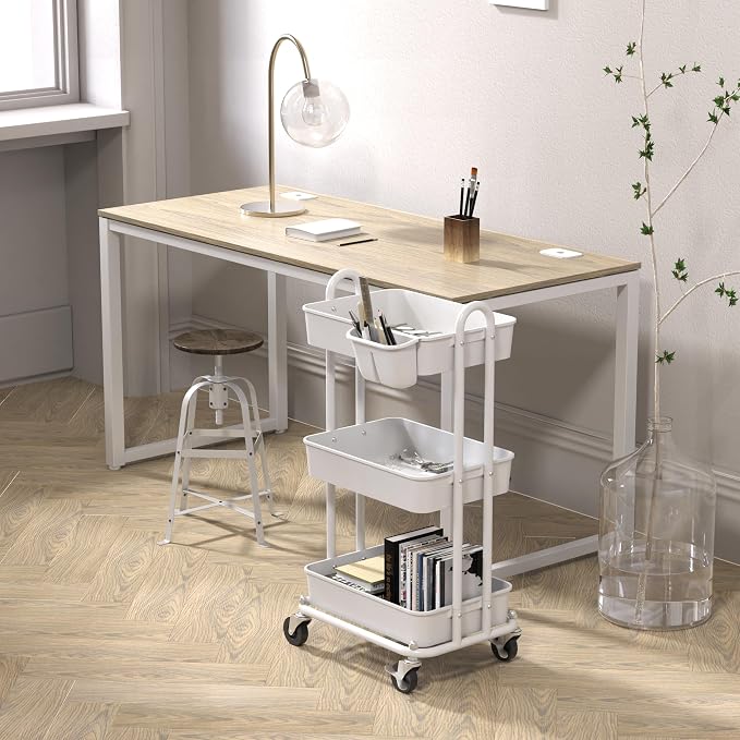 Simple Houseware 3-Tier Rolling Utility Cart with Hanging Bucket, White | Storage for Bathroom, Kitchen, Office, Study Room, Nursery Diaper
