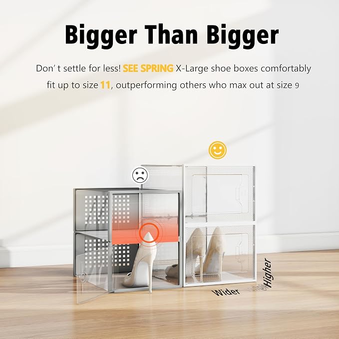 X-Large Shoe Storage Box Fit Size 11, Clear Plastic Stackable Shoe Organizer for Closet, Space Saving Foldable Shoe Rack Sneaker Container Bin Holder, 60 Pack Clear