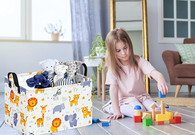 Baby Storage Basket Nursery Box Laundry Hamper Organization Bins for Toys and Clothes with Handles (Animals)