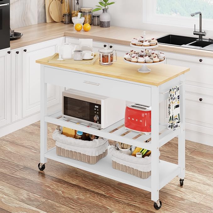 JY QAQA 40" Kitchen Island on Wheels with Storage Cabinet Kitchen Cart Cabinet with Shelves, Cart Handle for Towel Rack or Free Mobility, Portable Islands for Kitchen,White