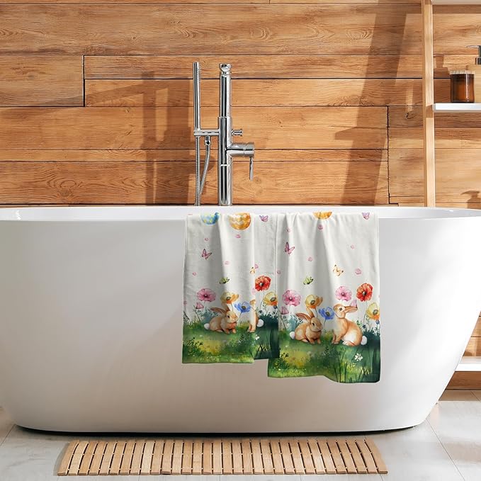 Giwawa Easter Decorative Hand Towels- Cute Bunny Rabbits Eggs Tree Towel Set of 2- Spring Watercolor Floral Face Towel Absorbent Dish Wash Cloth for Hotel Bathroom Gym Guest Home Holiday