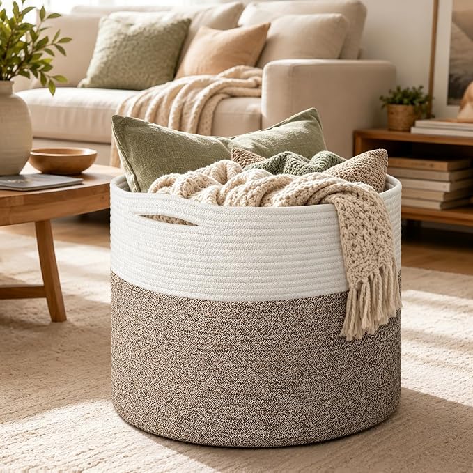 Goodpick Woven Rope Basket for Blankets Fit Nursery & Living Room, 45L | 15.8 x 15.8 x 13.8 In Storage Basket for Toys Shoes, Cute Baby Laundry Hamper for Towels, Clothes, Mele