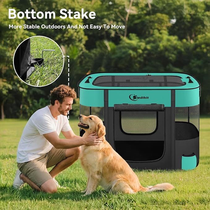 Siedihit 35" Dog Playpen,Cat Puppy Pen, Pet Portable Crate Indoor Outdoor | Durable Travel Camping Use,Foldable Dog Kennel Tent Cage for Rabbit Small Animals with Carrying Case (Green, Large)