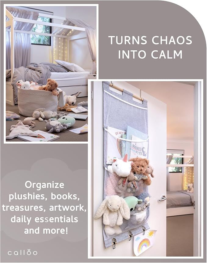 Over the Door Stuffed Animal Storage for Kids – Felt Organizer with Clips to Display Art and Mesh Pockets for Stuffies, Books and More – Space-Saving Hanging Design that Grows with your Child