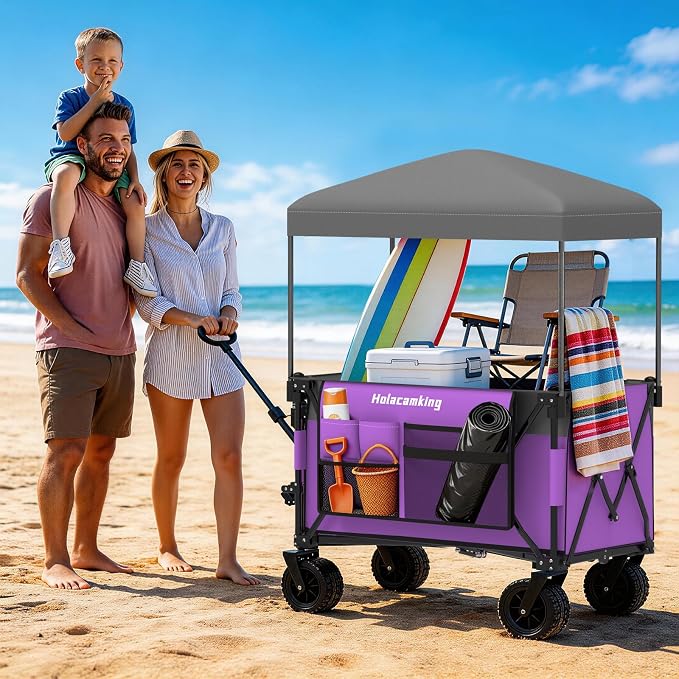 Collapsible Canopy Wagon Cart, Heavy Duty Utility Wagon with Removable Sun Cover, All-Terrain Big Wheels, Dual Brakes, Extra Large Grocery Cart for Beach Camping Sports Tailgates (Purple)
