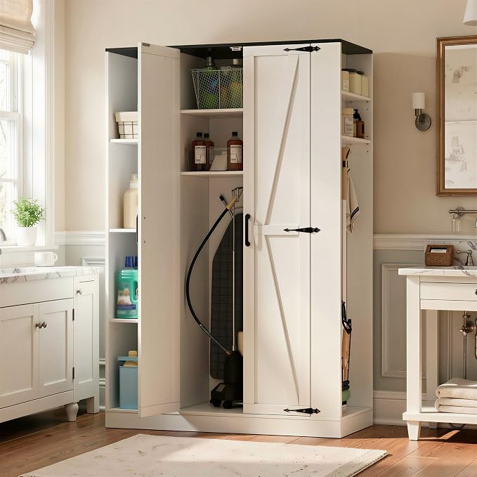 Broom Closet Storage Cabinet, 63" H Wooden Vacuum Storage Cabinet, Utility Closet with 2 Doors, Cleaning Tool Organizer with 6 Shelfs and 5 Pack Broom Holder, 63" H×35.4" W×15.7" D,White