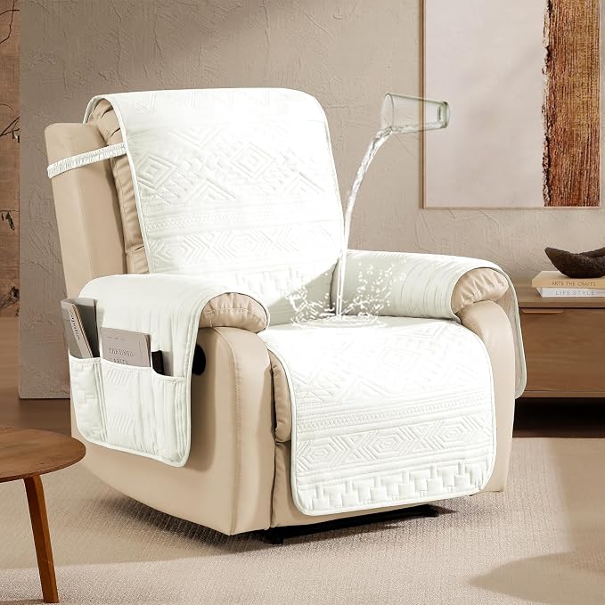 White Chair Covers, Water-Repellent Recliner Slipcovers, Boho Lazy Boy Chair Covers, Pet Friendly Recliner Cover for Dogs Cats, Washable Furniture Protector (Recliner 22", White)