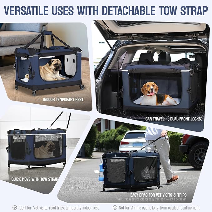 PEGIC 30" Collapsible Rolling Dog Crate for Medium Dogs | Up to 44 lbs,Detachable Wheel, Soft-Sided Travel Kennel, Mesh Windows, Foldable for Car, Vet Visits & Road Trips