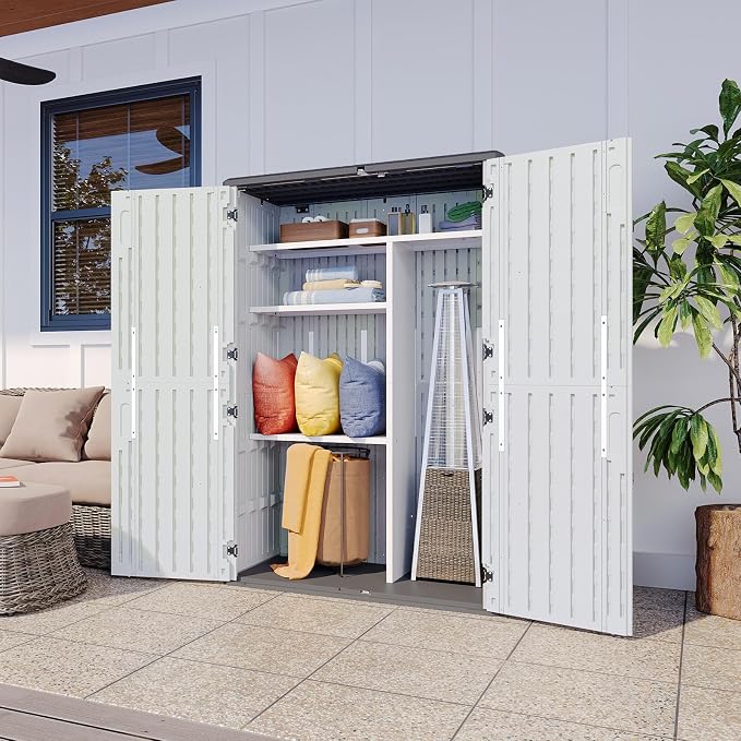 Aoxun 64 Cu.Ft Resin Storage Shed with Metal Shelving Kit & Floor, White | Vertical Waterproof Storage Cabinet for Garage, Pool, Bike, Garden Tools, Patio Furniture