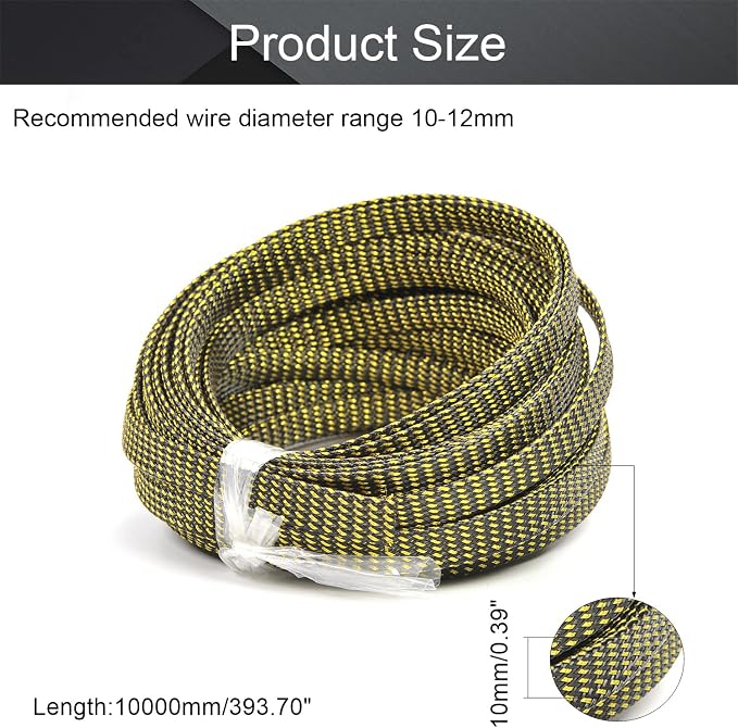 Heyiarbeit 10m/32.8ft PET Expandable Braid Cable Sleeving Flexible Wire Mesh Sleeve Black Gold 10mm